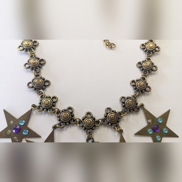 VTG METAL BRONZE/GOLD TONE MOON & STARS NATURAL GEM STONE NECKLACE - Picture 2 of 13